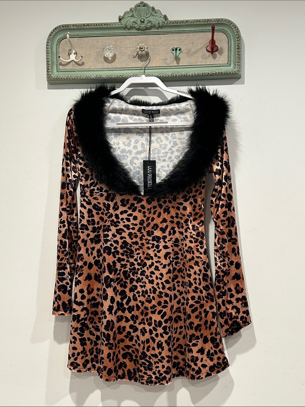 Dolls Kill Leopard Print Velvet Mini Dress with Black Faux Fur Trim large new